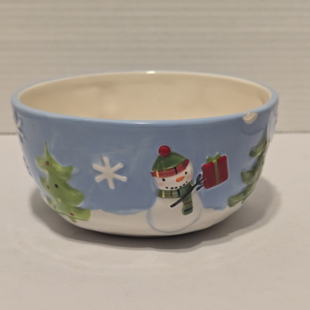 St Nicholas Square Oh What Fun Cereal Soup Bowl 6" Round Snowman Embossed 24 Oz.